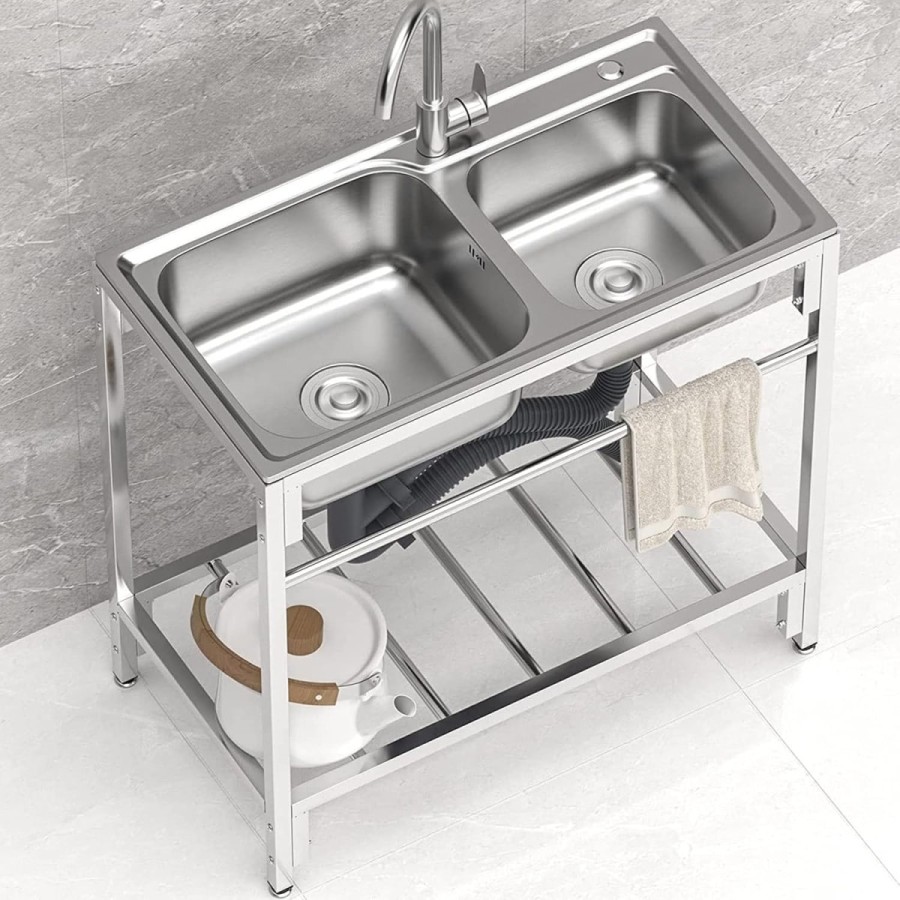 Edelstahl-Spueltisch-83x44x85cm-Doppelwaschbecken-Kalt-u.-Warmwasserhahn-fuer-Imbisswagen-Gastronomie-2