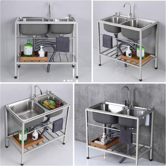 Edelstahl-Spueltisch-83x44x85cm-Doppelwaschbecken-Kalt-u.-Warmwasserhahn-fuer-Imbisswagen-Gastronomie-8