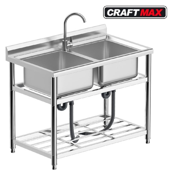Edelstahl-Spueltisch-110x64cm-Doppelwaschbecken-Kalt-u.-Warmwasserhahn-fuer-Imbisswagen-Gastronomie-1