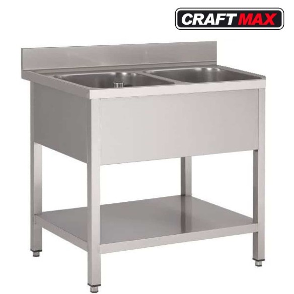 Edelstahl-Spueltisch-120x60cm-Doppelwaschbecken-Aufkantung-Grundboden-fuer-Imbisswagen-Gastronomie