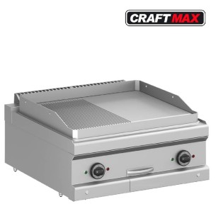 Gastro-Edelstahl-Elektrogrill-Bratplatte-½-glatt-½-gerillt-8kW-400V-Tischgeraet-Grillplatte-Fettauffangschublade-700x714mm
