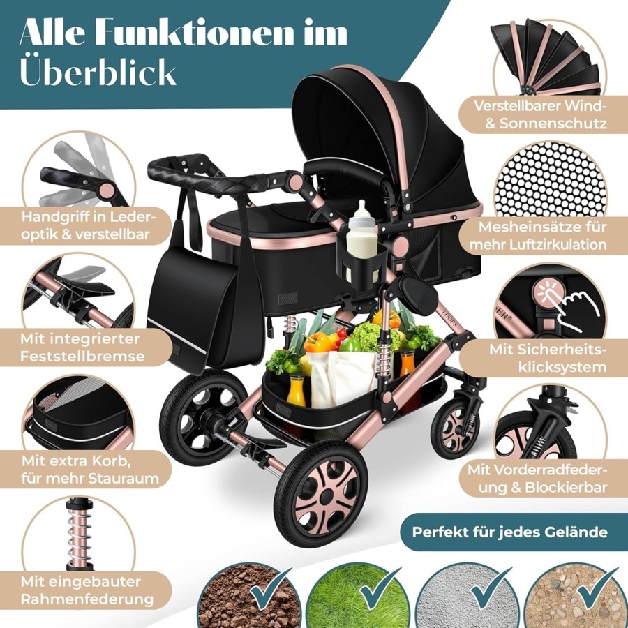 babyluzi®-Kombikinderwagen-4-in-1-Kinderwagen-inkl.-Babyschale-Babywanne-Buggy-Sportsitz-Auto-Babyschale-Wickeltasche-Regenschut