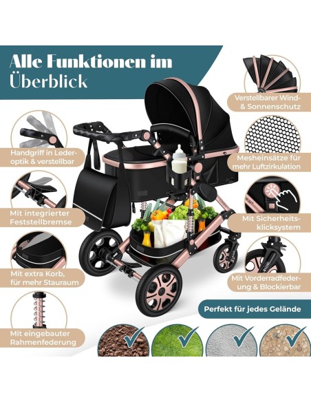 babyluzi®-Kombikinderwagen-4-in-1-Kinderwagen-inkl.-Babyschale-Babywanne-Buggy-Sportsitz-Auto-Babyschale-Wickeltasche-Regenschut