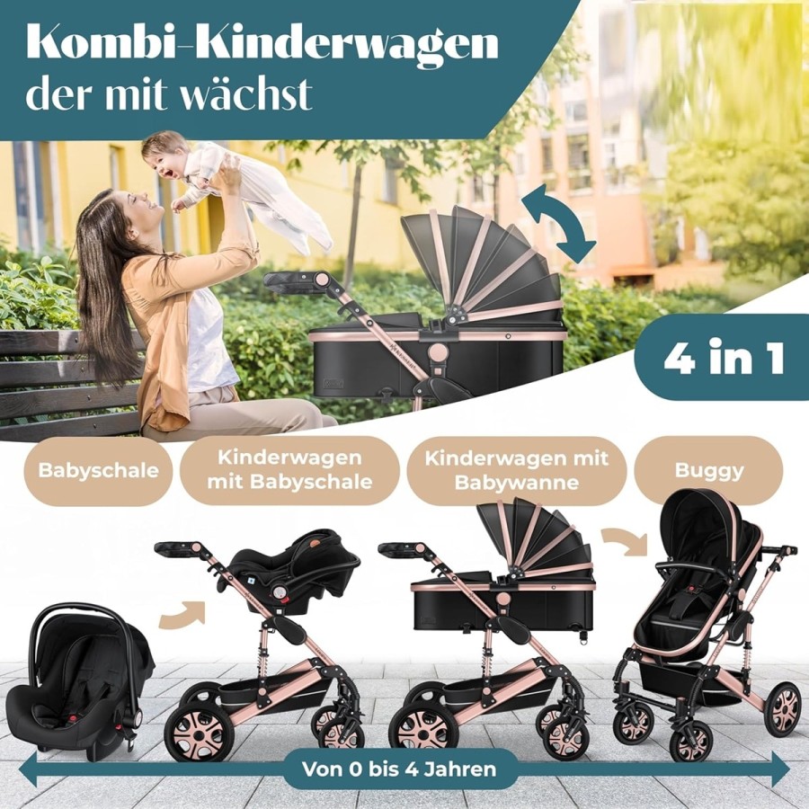 babyluzi®-Kombikinderwagen-4-in-1-Kinderwagen-inkl.-Babyschale-Babywanne-Buggy-Sportsitz-Auto-Babyschale-Wickeltasche-Regenschut