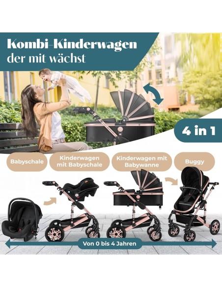 babyluzi®-Kombikinderwagen-4-in-1-Kinderwagen-inkl.-Babyschale-Babywanne-Buggy-Sportsitz-Auto-Babyschale-Wickeltasche-Regenschut
