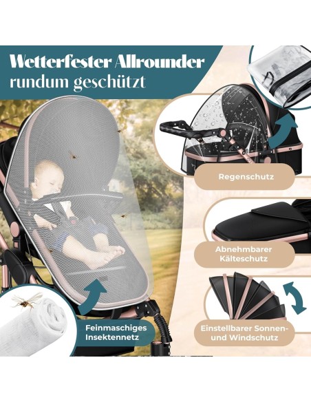 babyluzi®-Kombikinderwagen-4-in-1-Kinderwagen-inkl.-Babyschale-Babywanne-Buggy-Sportsitz-Auto-Babyschale-Wickeltasche-Regenschut