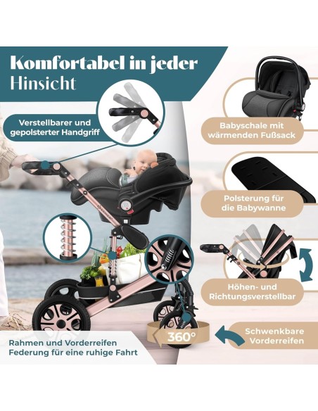 babyluzi®-Kombikinderwagen-4-in-1-Kinderwagen-inkl.-Babyschale-Babywanne-Buggy-Sportsitz-Auto-Babyschale-Wickeltasche-Regenschut