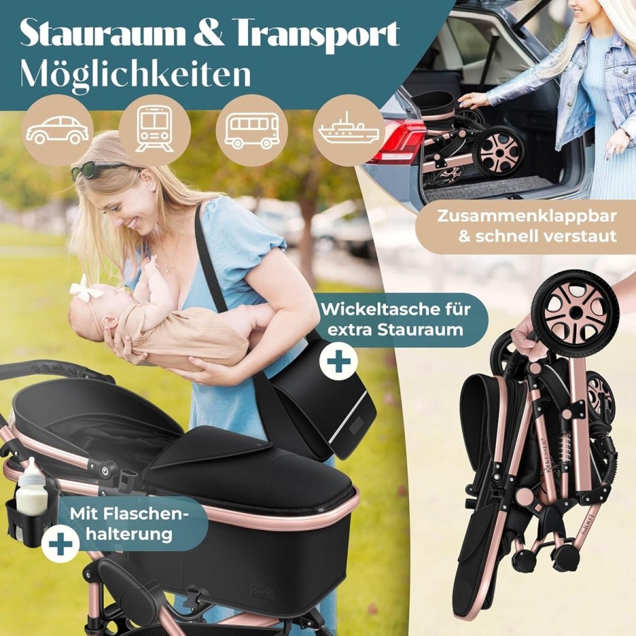 babyluzi®-Kombikinderwagen-4-in-1-Kinderwagen-inkl.-Babyschale-Babywanne-Buggy-Sportsitz-Auto-Babyschale-Wickeltasche-Regenschut