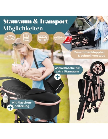 babyluzi®-Kombikinderwagen-4-in-1-Kinderwagen-inkl.-Babyschale-Babywanne-Buggy-Sportsitz-Auto-Babyschale-Wickeltasche-Regenschut