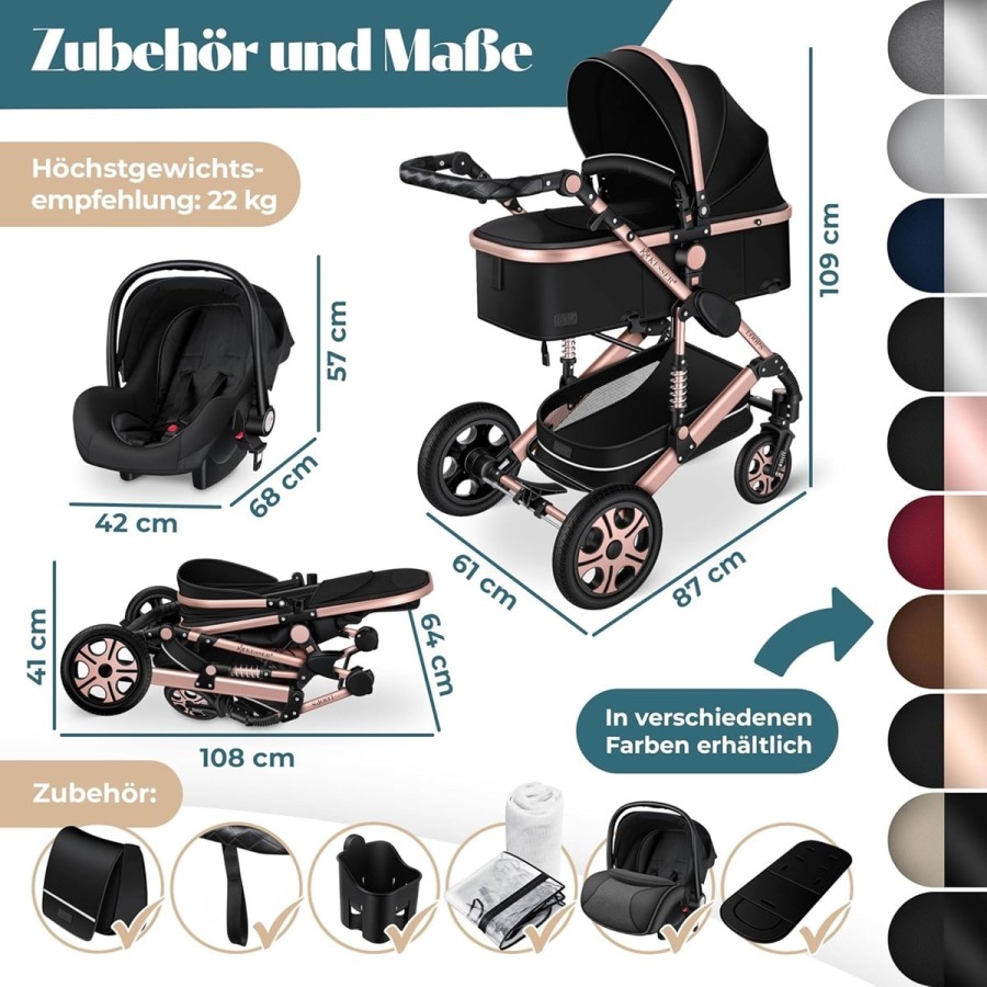 babyluzi®-Kombikinderwagen-4-in-1-Kinderwagen-inkl.-Babyschale-Babywanne-Buggy-Sportsitz-Auto-Babyschale-Wickeltasche-Regenschut