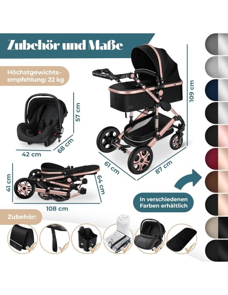 babyluzi®-Kombikinderwagen-4-in-1-Kinderwagen-inkl.-Babyschale-Babywanne-Buggy-Sportsitz-Auto-Babyschale-Wickeltasche-Regenschut