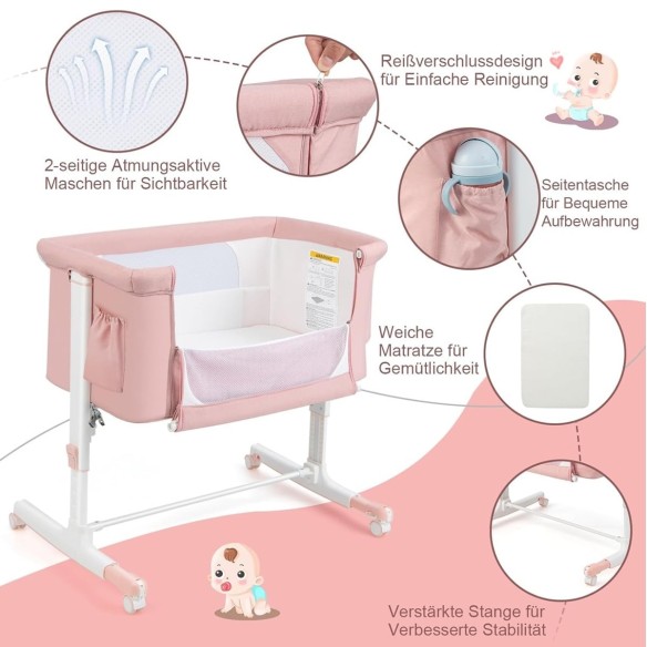 babyluzi®-Beistellbett-Babywiege-Reisebett-5-stufig-Hoehenverstellbares-Babybett-neigbar-Kinderbett-inkl.-Matratze-Tragetasche-S