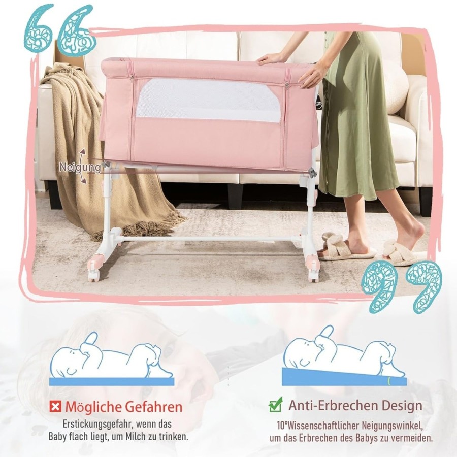 babyluzi®-Beistellbett-Babywiege-Reisebett-5-stufig-Hoehenverstellbares-Babybett-neigbar-Kinderbett-inkl.-Matratze-Tragetasche-S