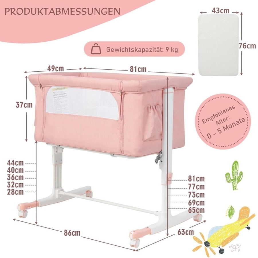 babyluzi®-Beistellbett-Babywiege-Reisebett-5-stufig-Hoehenverstellbares-Babybett-neigbar-Kinderbett-inkl.-Matratze-Tragetasche-S