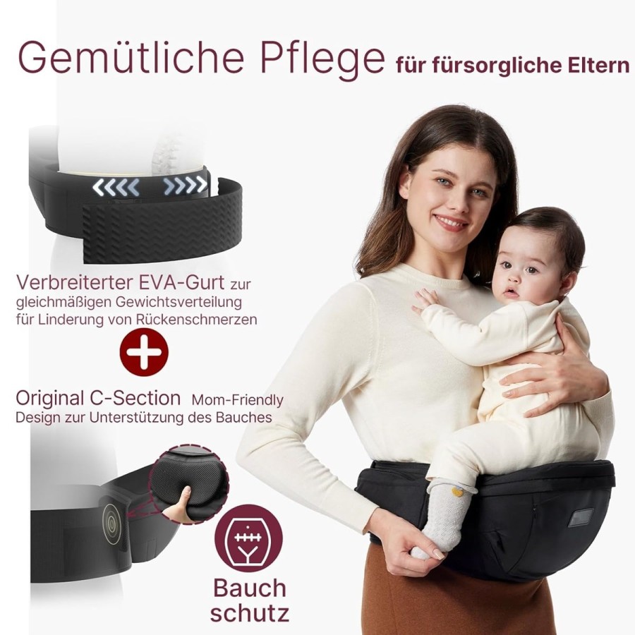 babyluzi®-Hueftsitz-Babytrage-fuer-Neugeborene-Kleinkinder-bis-20-kg-3D-Bauchschutz-EVA-Massageplatte-verschiedene-Taschen-3