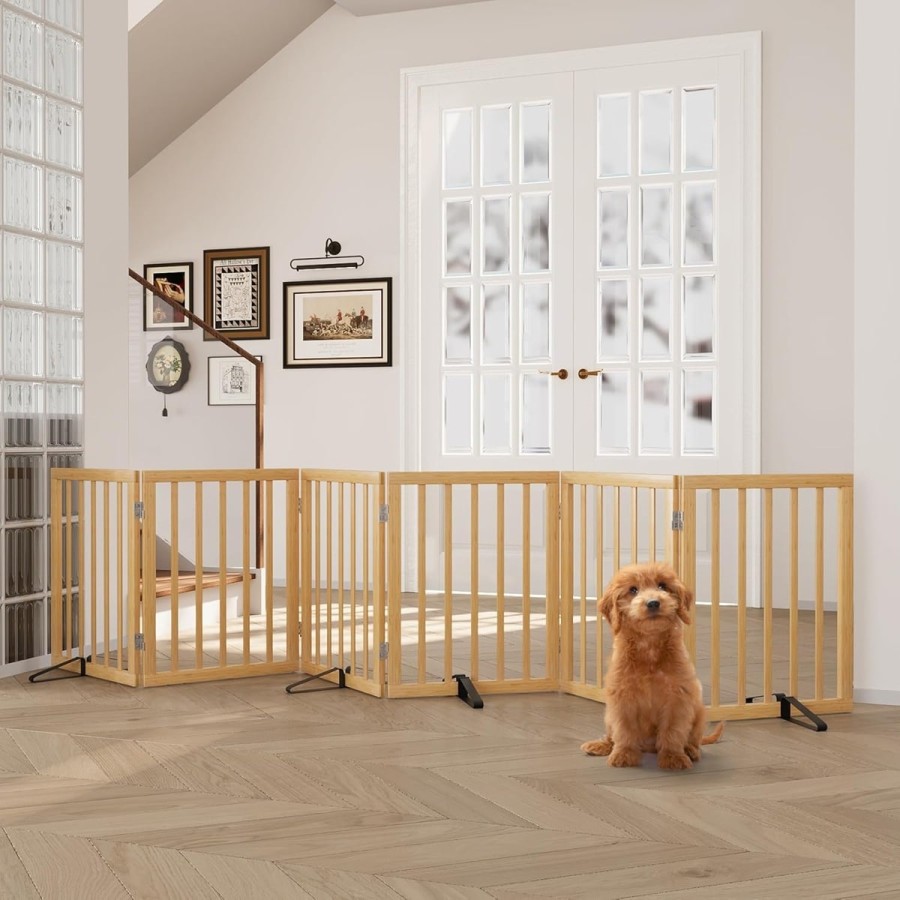 babyluzi®-Babygitter-61cm-hoch-x-287cm-breit-Absperrgitter-aus-Bambus-fuers-Haus-extra-breit-6-Paneele-freistehendes-Absperrgitt