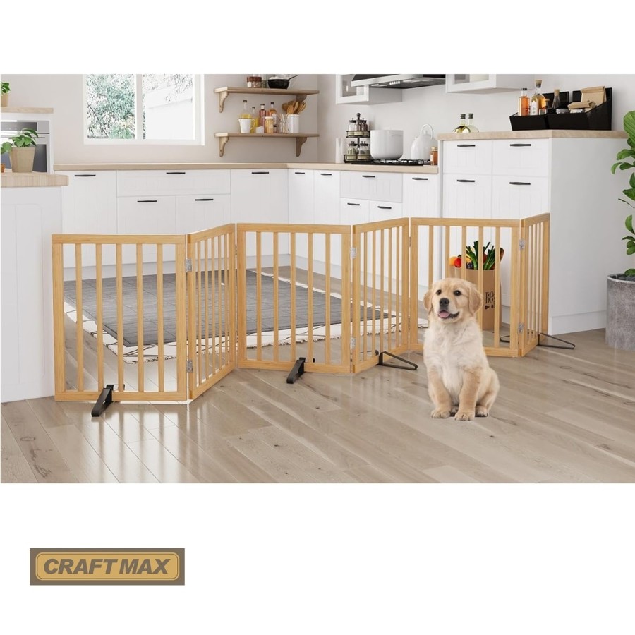 babyluzi®-Babygitter-61cm-hoch-x-287cm-breit-Absperrgitter-aus-Bambus-fuers-Haus-extra-breit-6-Paneele-freistehendes-Absperrgitt