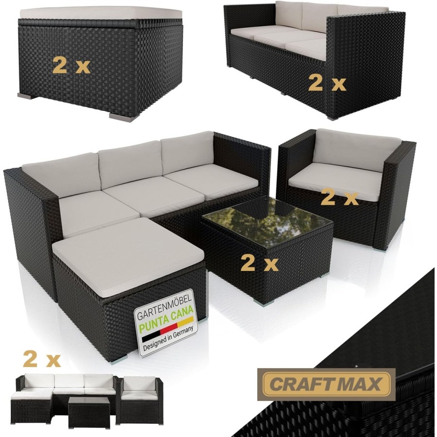 CRAFTMAX®-Luxus-Rattan-Lounge-Sitzgarnitur-mit-Sofa-Sessel-Hocker-Glastisch-Indoor