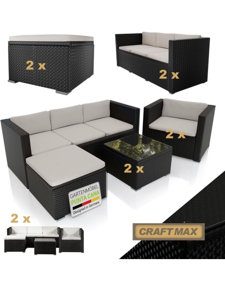 CRAFTMAX®-Luxus-Rattan-Lounge-Sitzgarnitur-mit-Sofa-Sessel-Hocker-Glastisch-Indoor