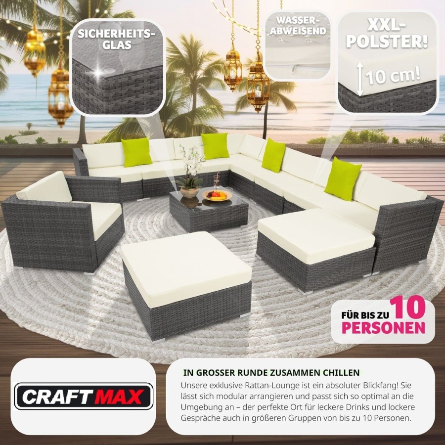 CRAFTMAX®-12-teilige-Rattan-Lounge-Sitzgarnitur-mit-Sofa-Sessel-Hocker-und-Glastisch-5