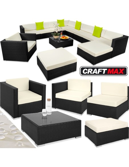 CRAFTMAX®-33-teilige-Rattan-Lounge-Sitzgarnitur-mit-Sofa-Sessel-Hocker-Glastisch-Indoor-Outdoor