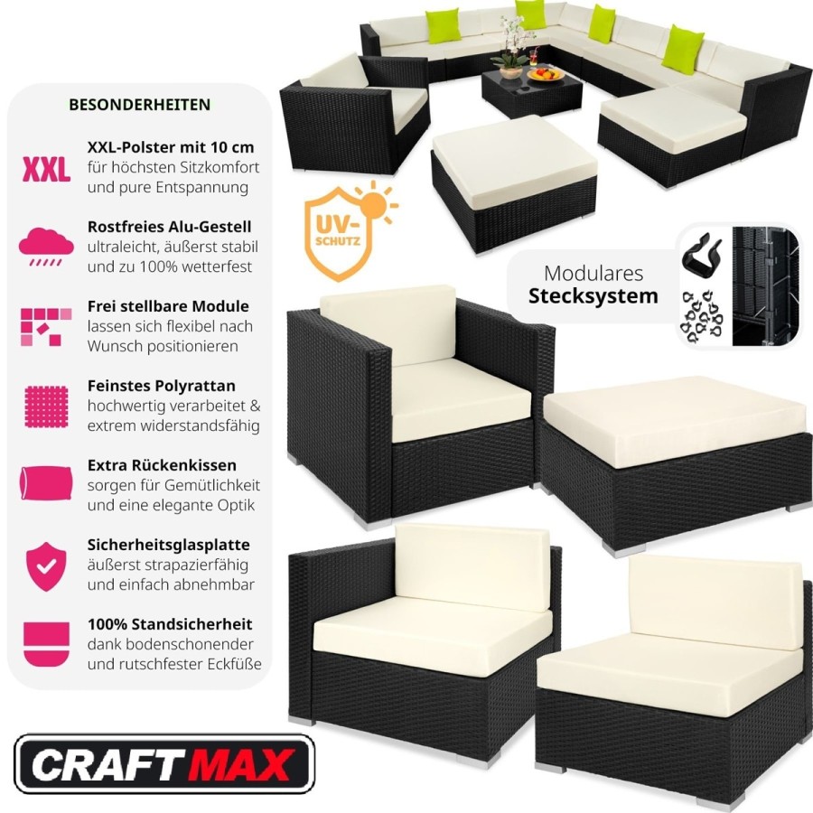 CRAFTMAX®-12-teilige-Rattan-Lounge-Sitzgarnitur-mit-Sofa-Sessel-Hocker-Glastisch-schrarz-creme