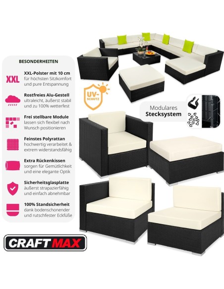 CRAFTMAX®-12-teilige-Rattan-Lounge-Sitzgarnitur-mit-Sofa-Sessel-Hocker-Glastisch-schrarz-creme