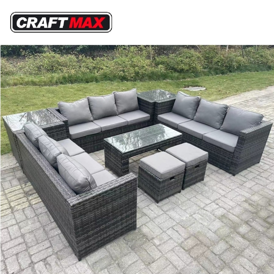 Platin-Rattan-Lounge-Sitzgarnitur-mit-3x-Sofa-1x-Couchtisch-mit-Glasplatte-2x-Beistelltisch-2x-Hocker-mit-dicken-Sitzpolster-abw