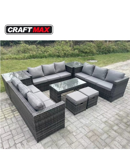 Platin-Rattan-Lounge-Sitzgarnitur-mit-3x-Sofa-1x-Couchtisch-mit-Glasplatte-2x-Beistelltisch-2x-Hocker-mit-dicken-Sitzpolster-abw