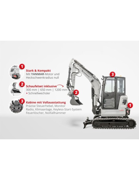 Kompaktbagger-3700-Diamantline-18.2KW25PS-Yanmar-Diesel-Euro5-Raupenkette-Fahrerkabine-Joystick-schwenkbarer-Baggerarm-3105mm-Gr