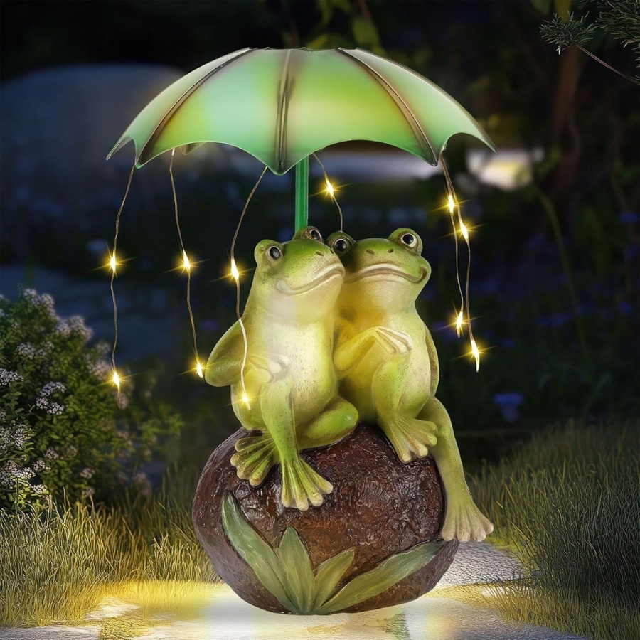 McFARMER®-Froesche-im-Garten-unterm-Regenschirm-Solar-LED-Beleuchtung-Dekofigur-massiv-wetterfest-und-farbbestaendig-8.5Tx13Bx22