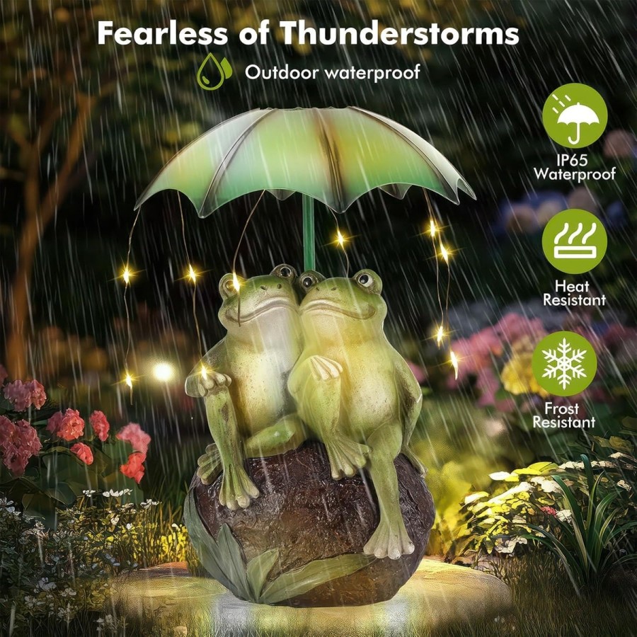 McFARMER®-Froesche-im-Garten-unterm-Regenschirm-Solar-LED-Beleuchtung-Dekofigur-massiv-wetterfest-und-farbbestaendig-8.5Tx13Bx22