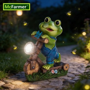 McFARMER® Frosch mit Roller und Solar LED-Scheinwerfer, Dekofigur massiv, wetterfest und farbbeständig - 20.5Tx9Bx17.5Hcm