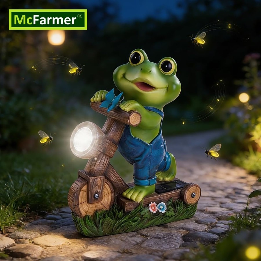 McFARMER®-Frosch-mit-Roller-und-Solar-LED-Scheinwerfer-Dekofigur-massiv-wetterfest-farbbestaendig-20.5Tx9Bx17-1