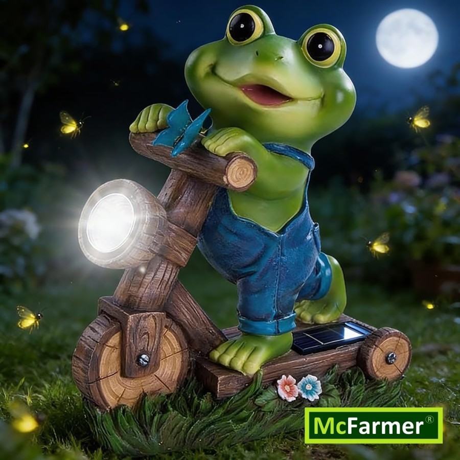 McFARMER®-Frosch-mit-Roller-und-Solar-LED-Scheinwerfer-Dekofigur-massiv-wetterfest-farbbestaendig-20.5Tx9Bx17-2