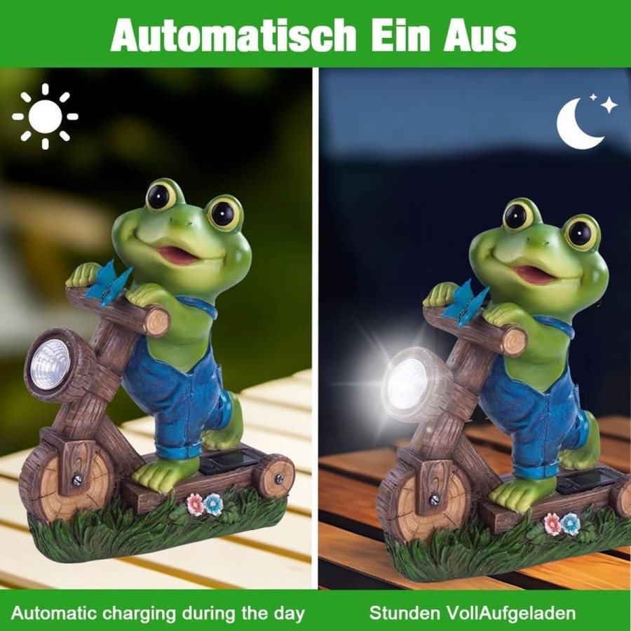 McFARMER®-Frosch-mit-Roller-und-Solar-LED-Scheinwerfer-Dekofigur-massiv-wetterfest-farbbestaendig-20.5Tx9Bx17-3