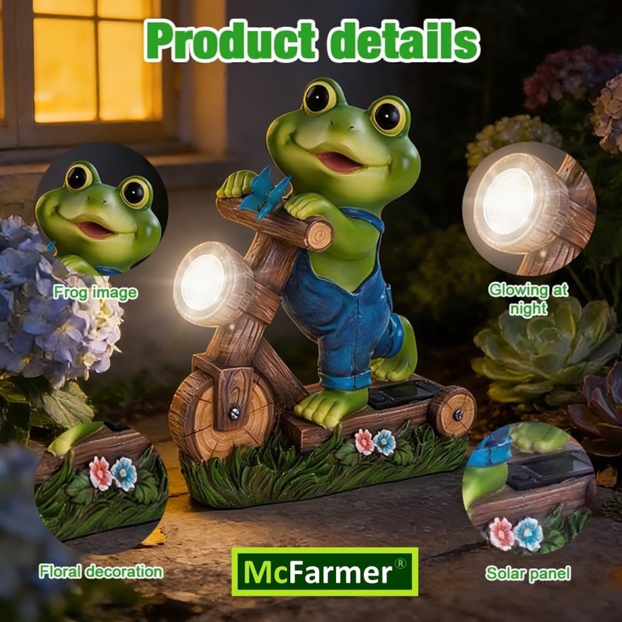 McFARMER®-Frosch-mit-Roller-und-Solar-LED-Scheinwerfer-Dekofigur-massiv-wetterfest-farbbestaendig-20.5Tx9Bx17-6