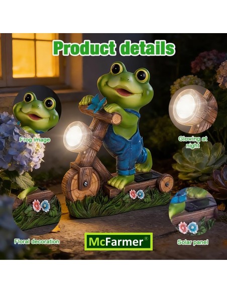 McFARMER®-Frosch-mit-Roller-und-Solar-LED-Scheinwerfer-Dekofigur-massiv-wetterfest-farbbestaendig-20.5Tx9Bx17-6