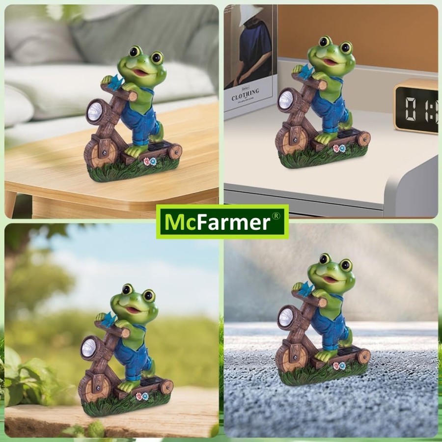 McFARMER®-Frosch-mit-Roller-und-Solar-LED-Scheinwerfer-Dekofigur-massiv-wetterfest-farbbestaendig-20.5Tx9Bx17-4