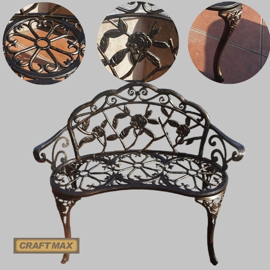 Luxus-Palais-Gartenbank-kunstvolle-Rosen-Verzierungen-prachtvoller-Jugendstil-antik-Bronze-5